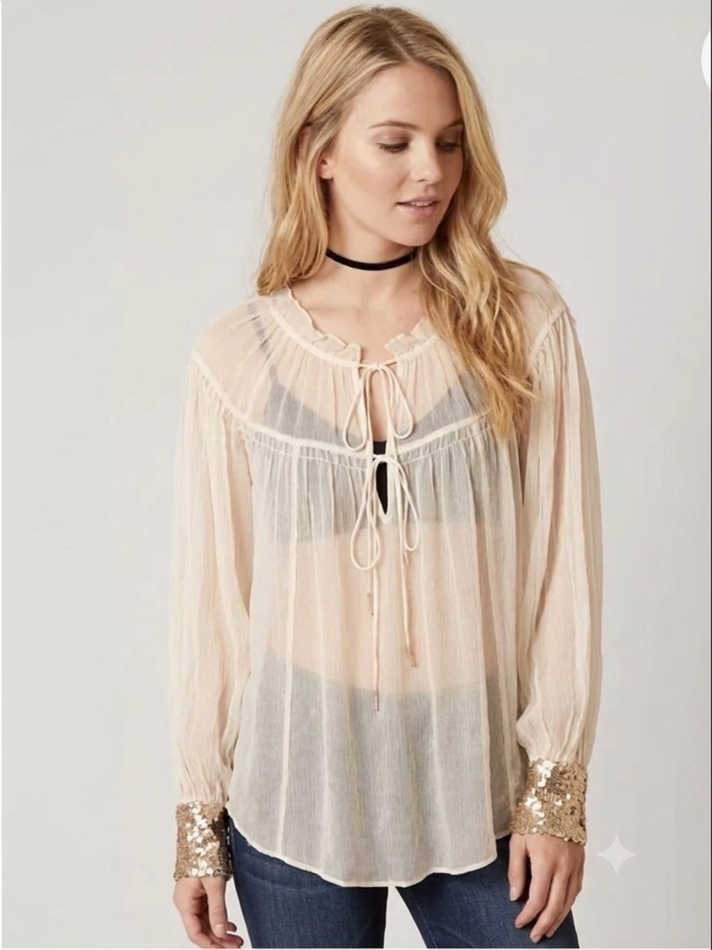 Free People Cream Sheer Tie-Neck Blouse with Sequin Cuffs